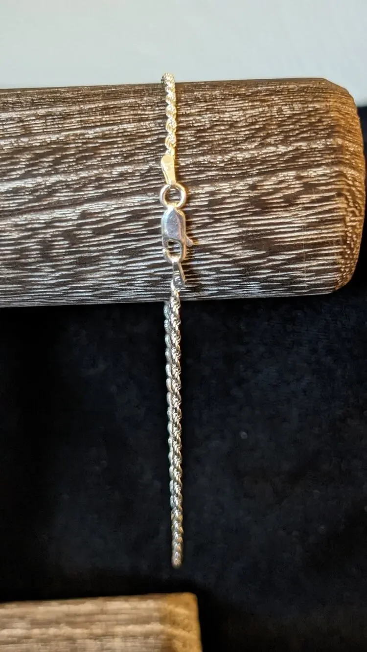 925 Italy Sterling Silver 1.5mm Silver Rope Chain Lobster Claw 8.75